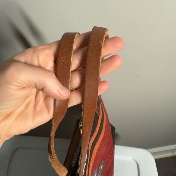 Woven Kilim rug tapestry tote bag leather straps Turkish western Aztec medium si - Picture 8 of 15